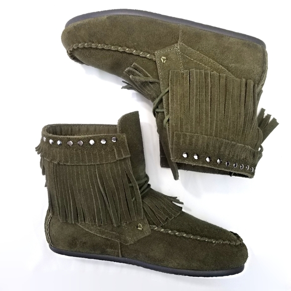 Yellow Box Casual Winter Suede Fringe Boho Moccasin Boot Green Sz 6 - Picture 6 of 9